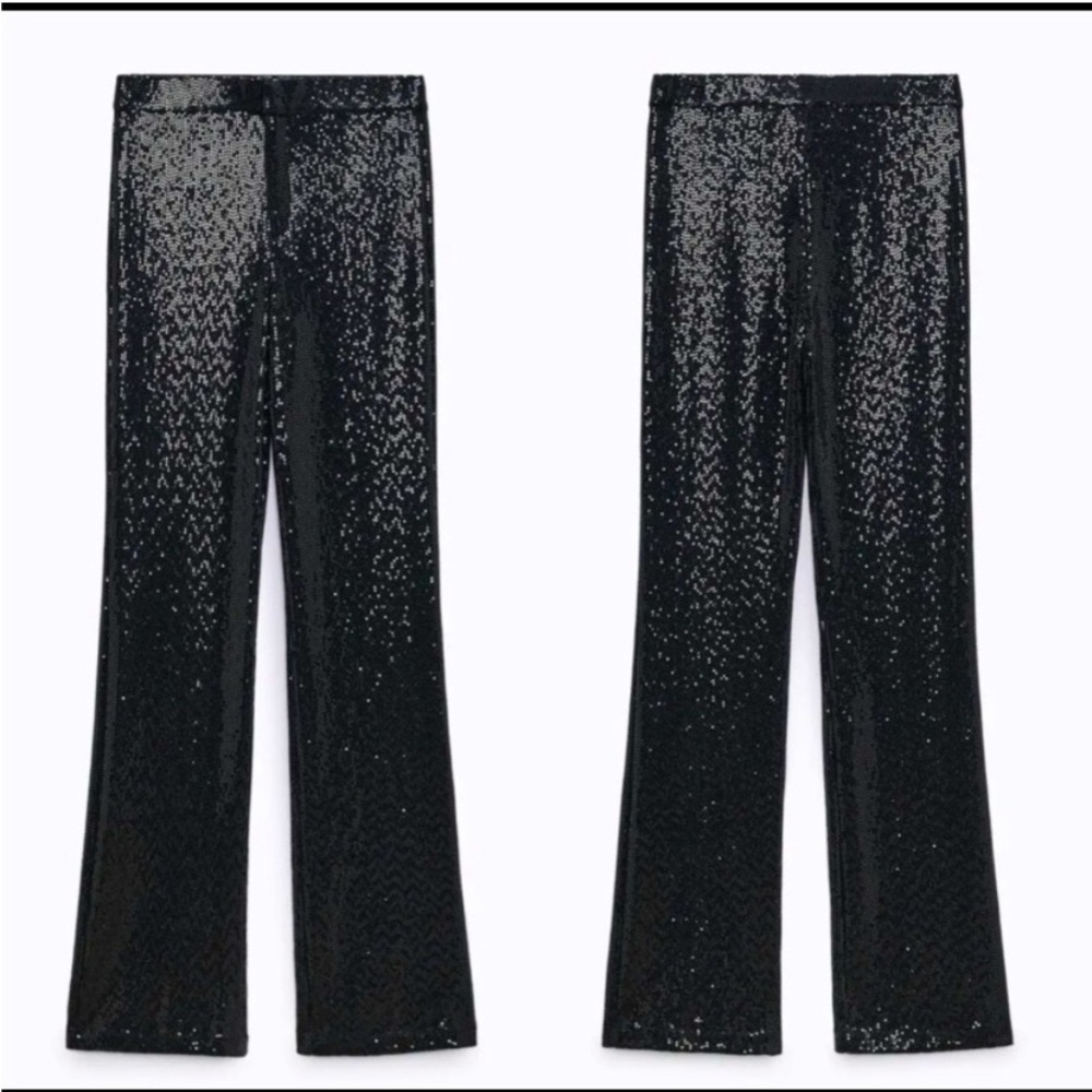NWT ZARA Full Length Flared Shimmer Black Pant 9344/129/800
